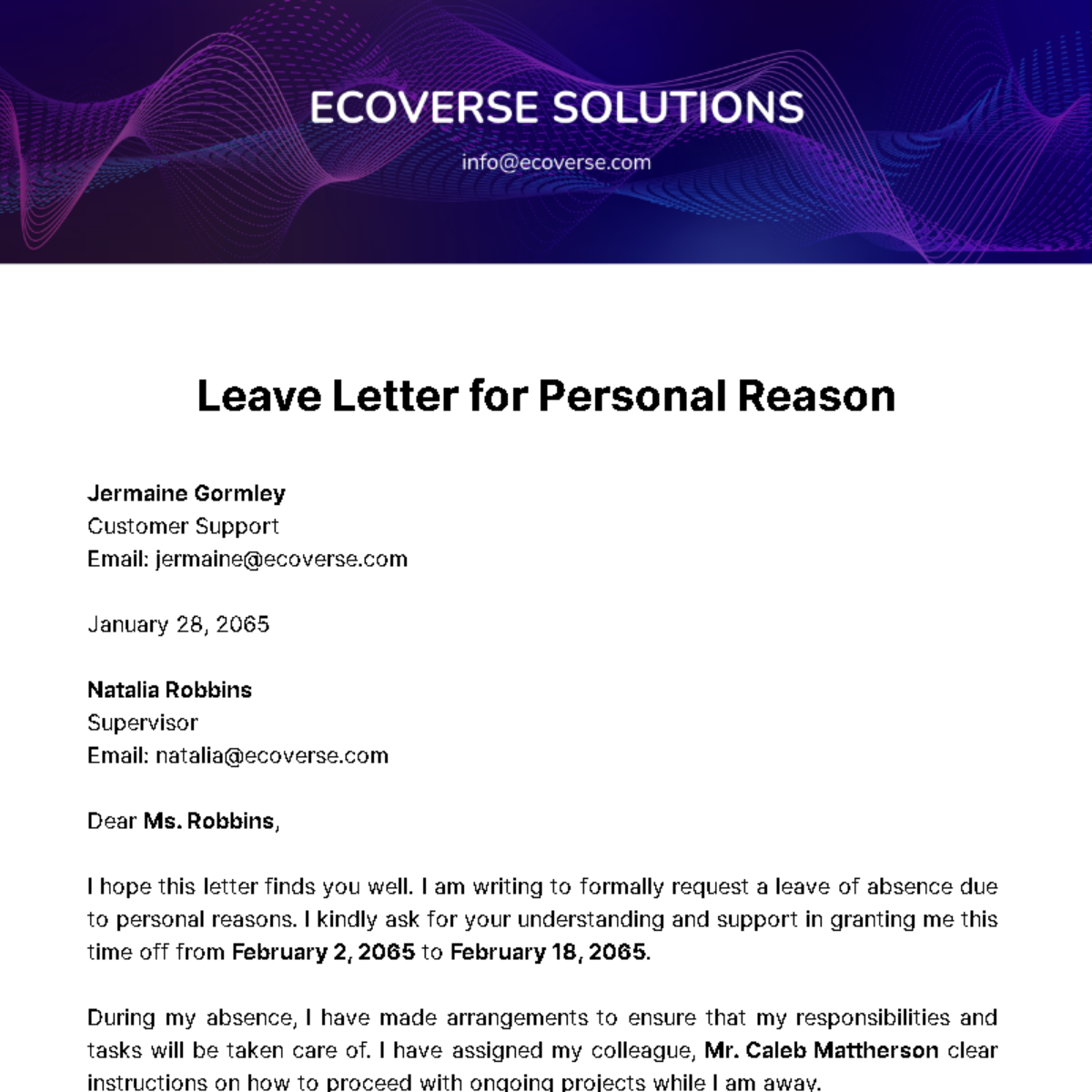 Leave Letter for Personal Reason Template