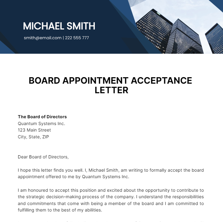 Free Board Appointment Acceptance Letter Template