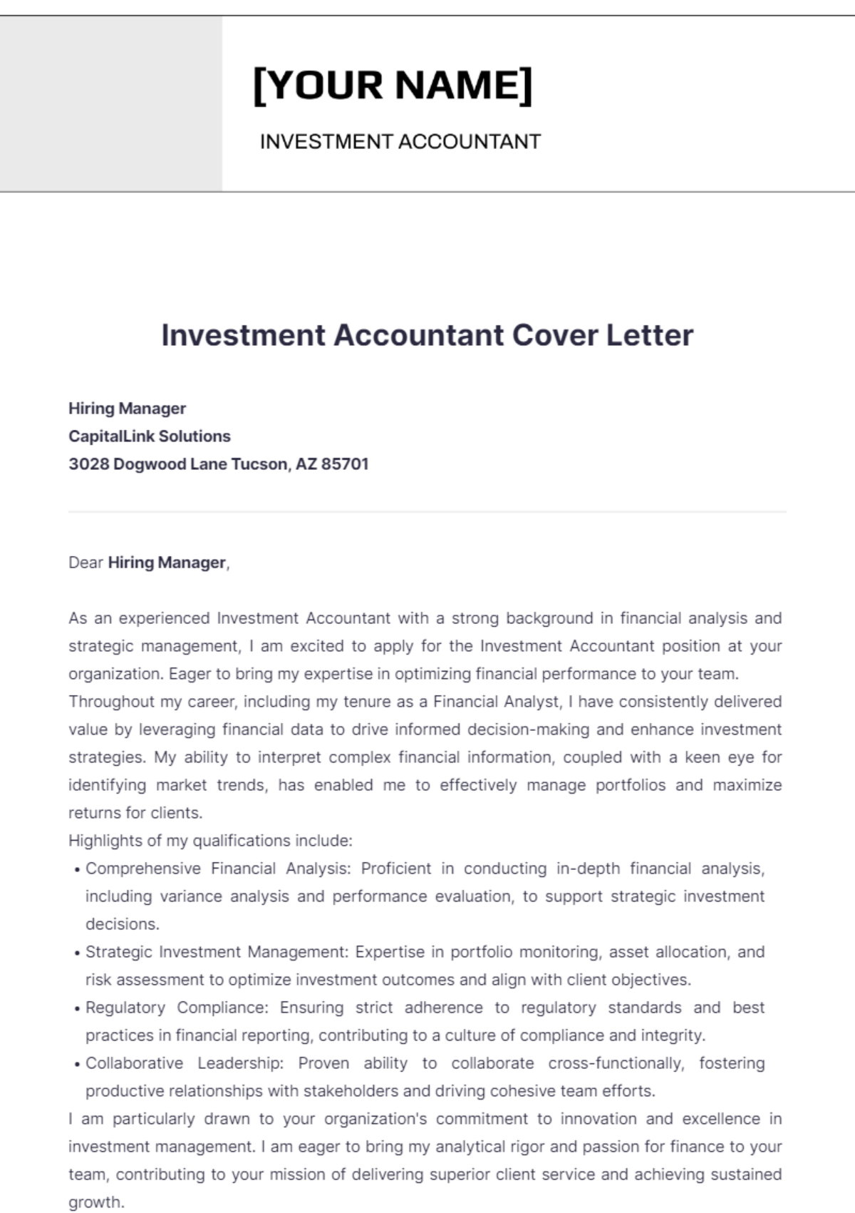 Investment Accountant Cover Letter