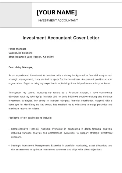 Free Investment Accountant Cover Letter to Edit Online