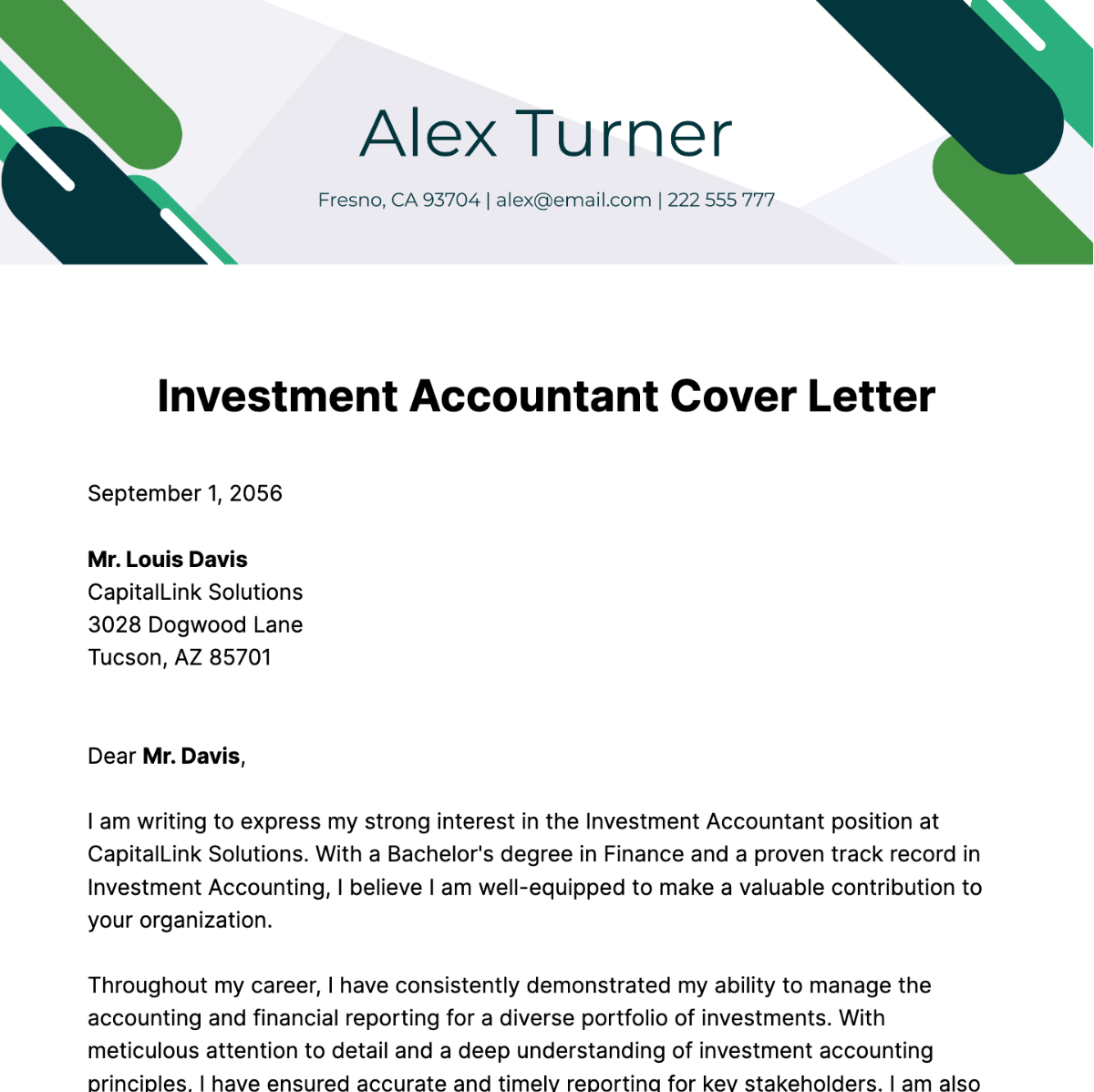 Investment Accountant Cover Letter Template