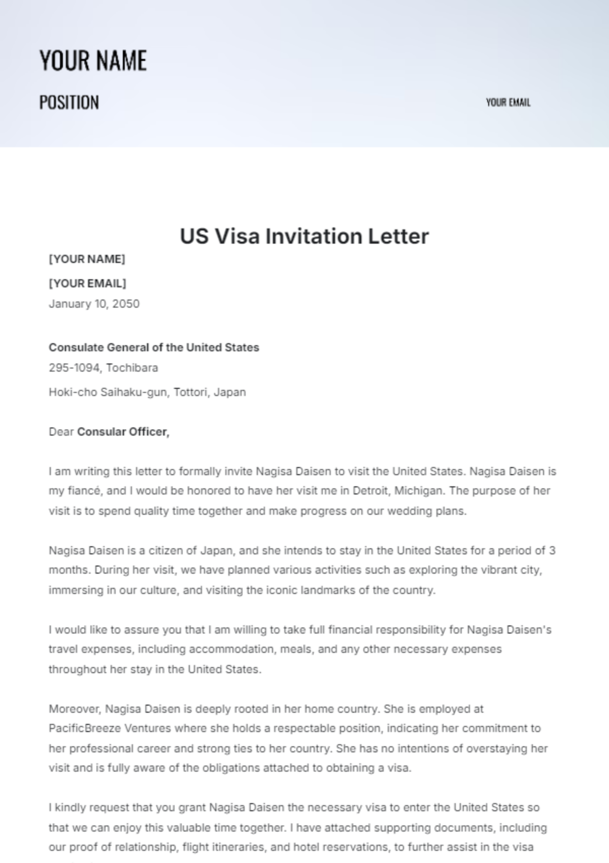 US Visa Invitation Letter Template