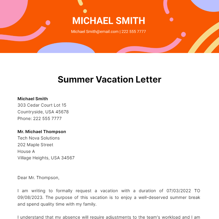 Summer Vacation Letter Template