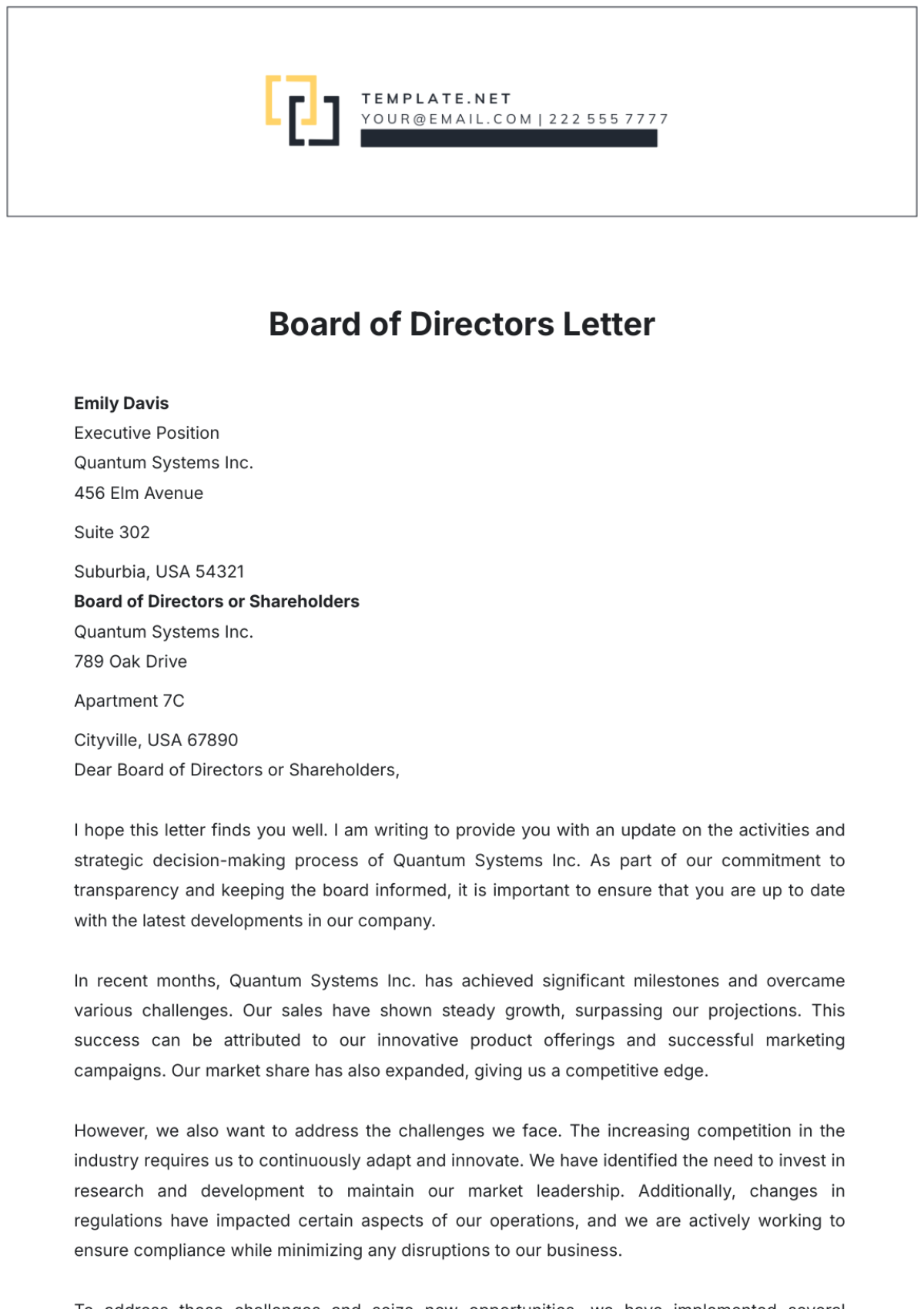 Board Of Directors Letter Template - Edit Online & Download