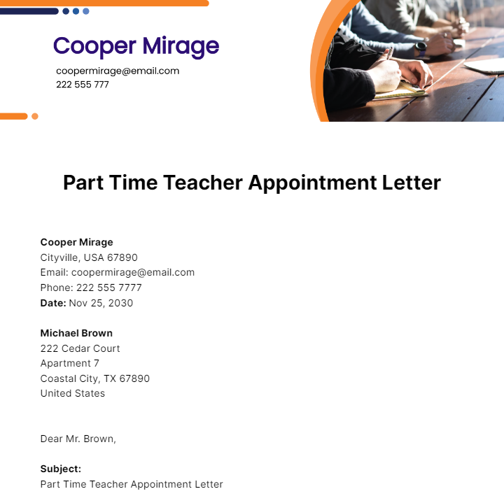 Part Time Teacher Appointment Letter Template