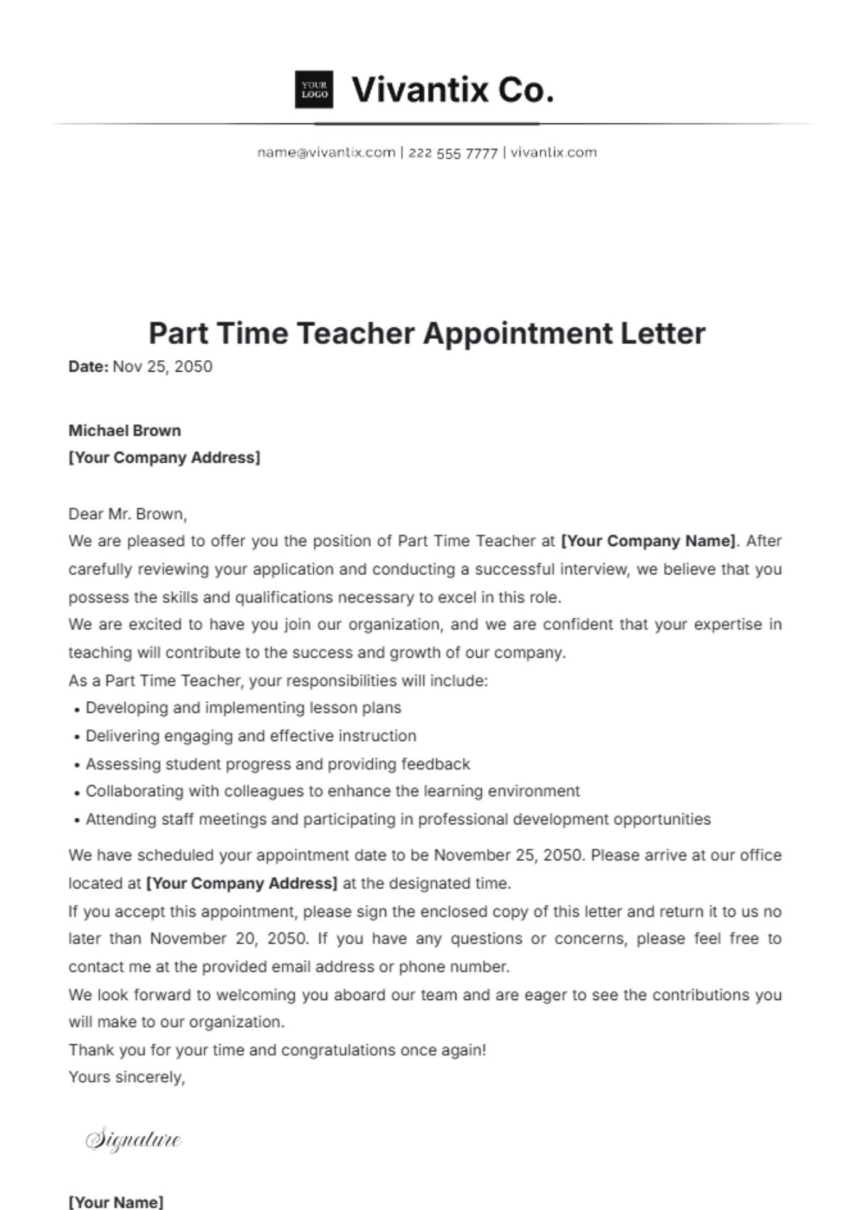 Part Time Teacher Appointment Letter Template - Edit Online & Download