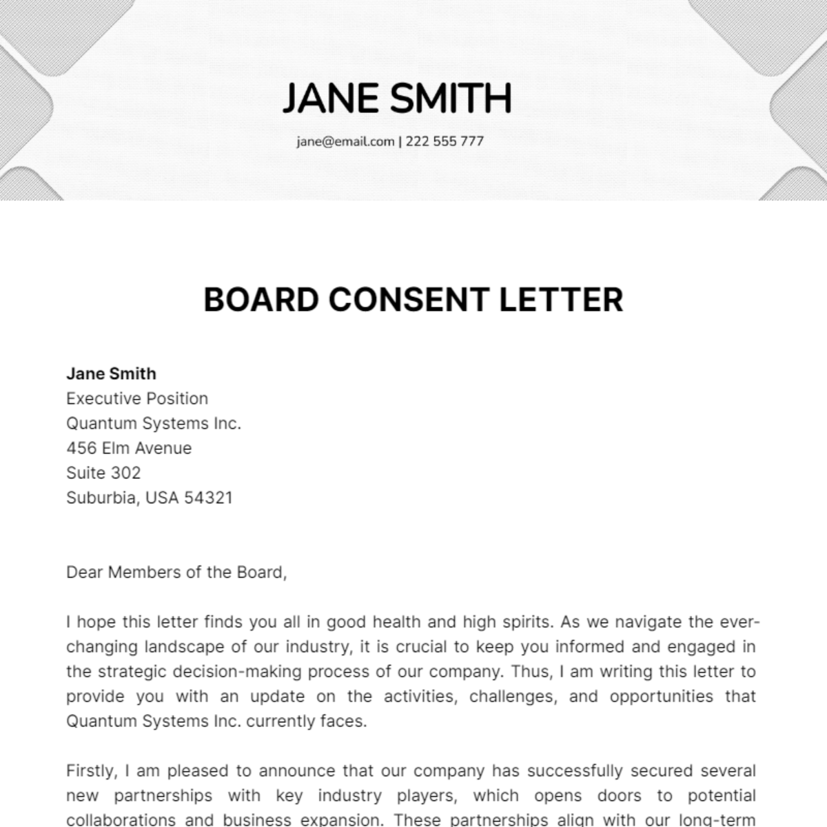 Board Consent Letter Template