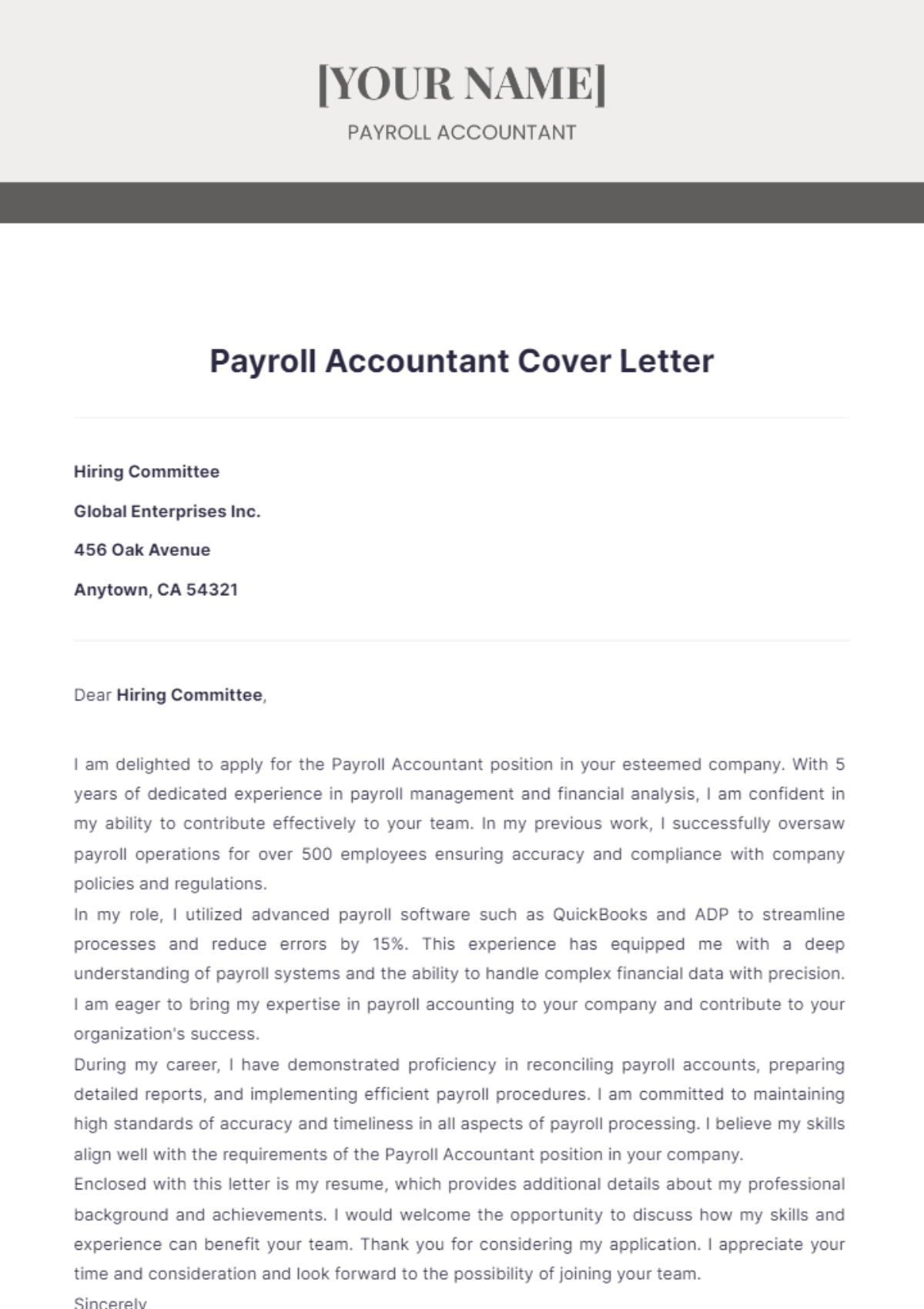 Payroll Accountant Cover Letter - Edit Online & Download