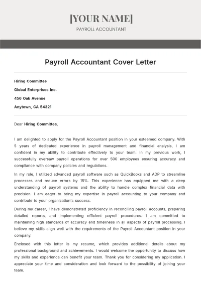 Free Payroll Accountant Cover Letter to Edit Online