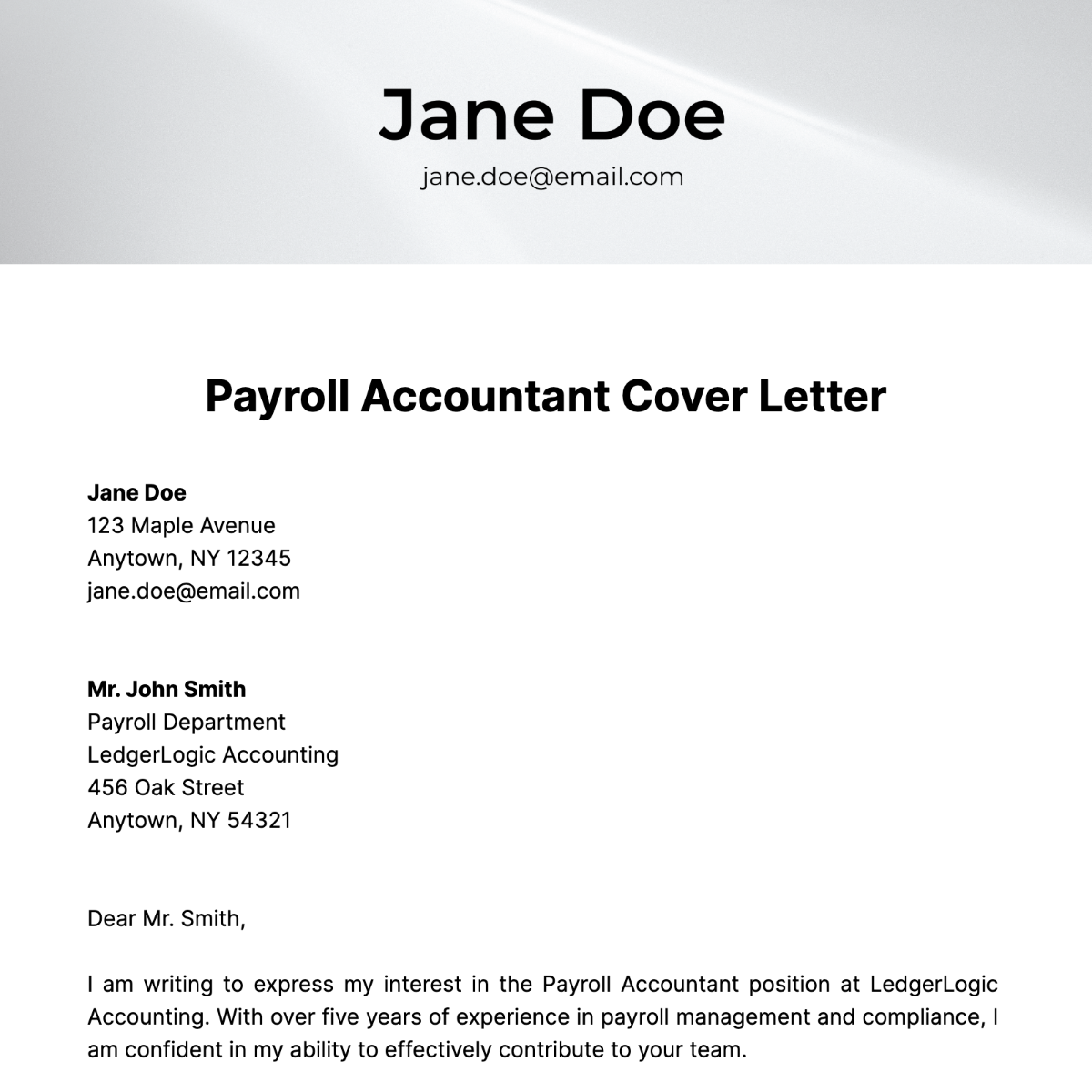Payroll Accountant Cover Letter Template