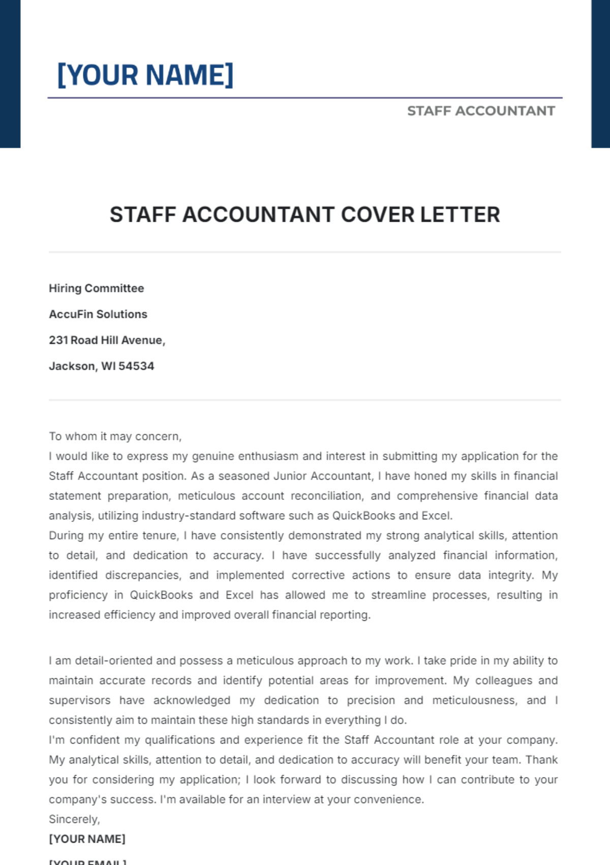 Staff Accountant Cover Letter Template - Edit Online & Download