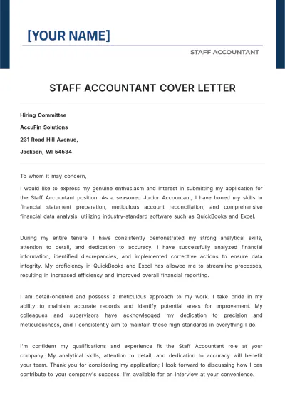 Free Staff Accountant Cover Letter Template to Edit Online