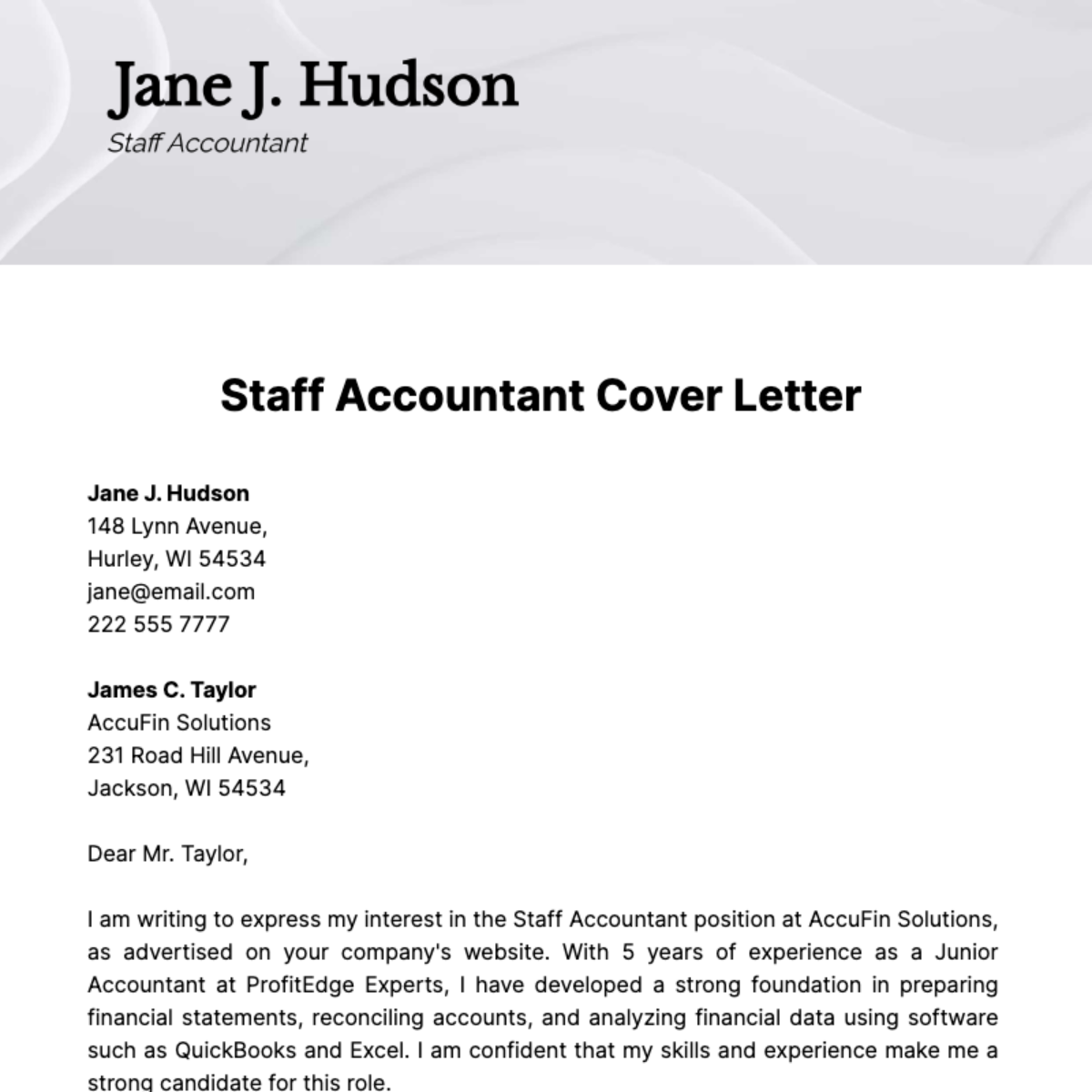 Staff Accountant Cover Letter Template