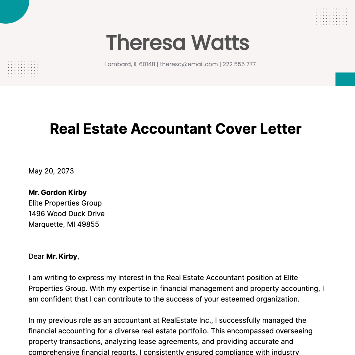 Real Estate Accountant Cover Letter Template