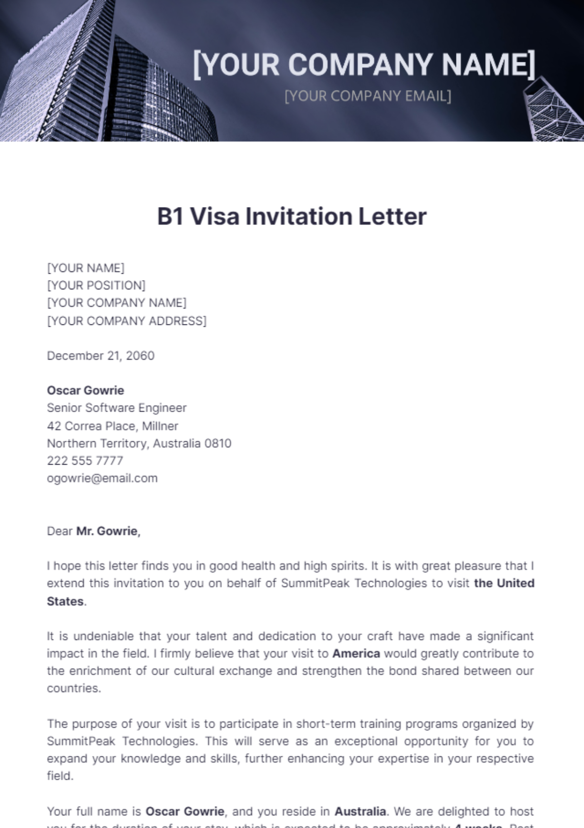 B1 Visa Invitation Letter Template