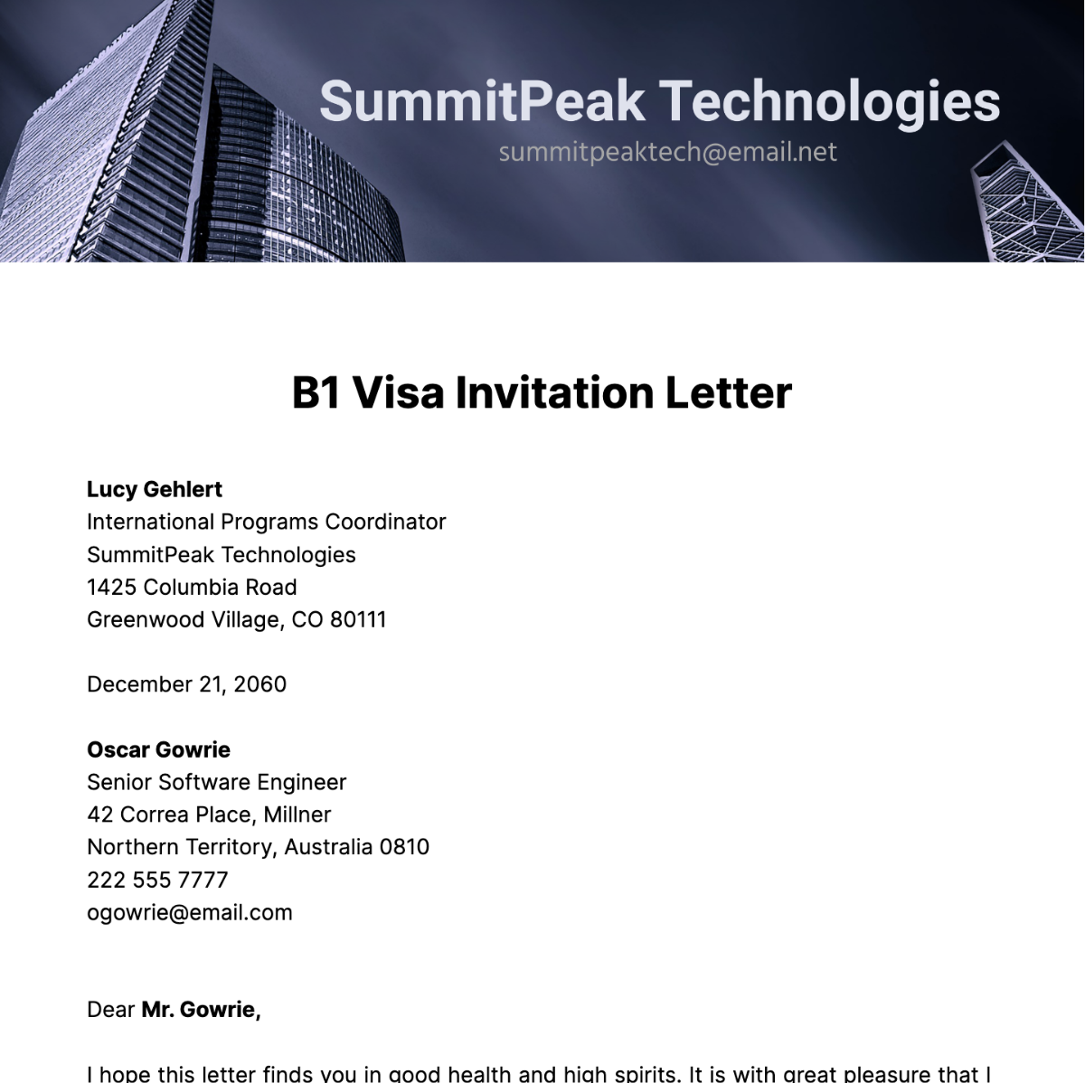 B1 Visa Invitation Letter Template