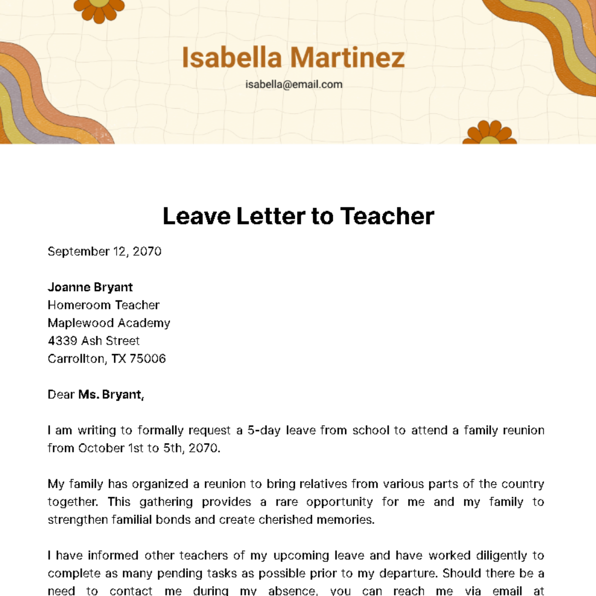 Leave Letter to Teacher Template