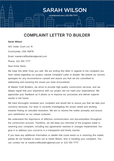 Free Complaint Letter To Builder Template to Edit Online