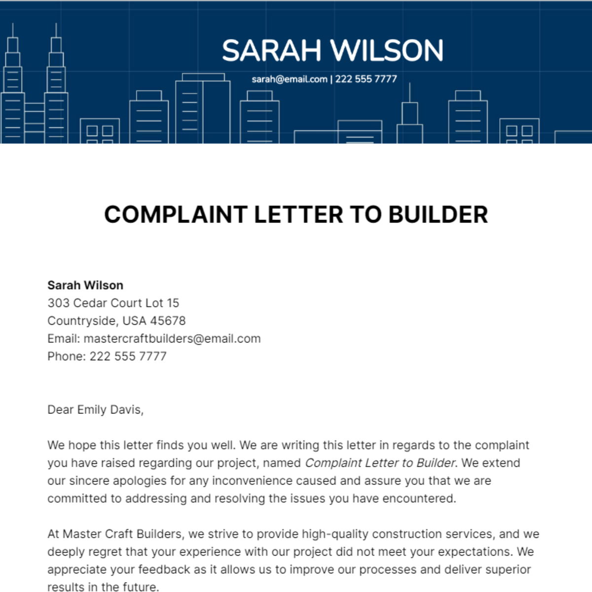 Complaint Letter To Builder Template