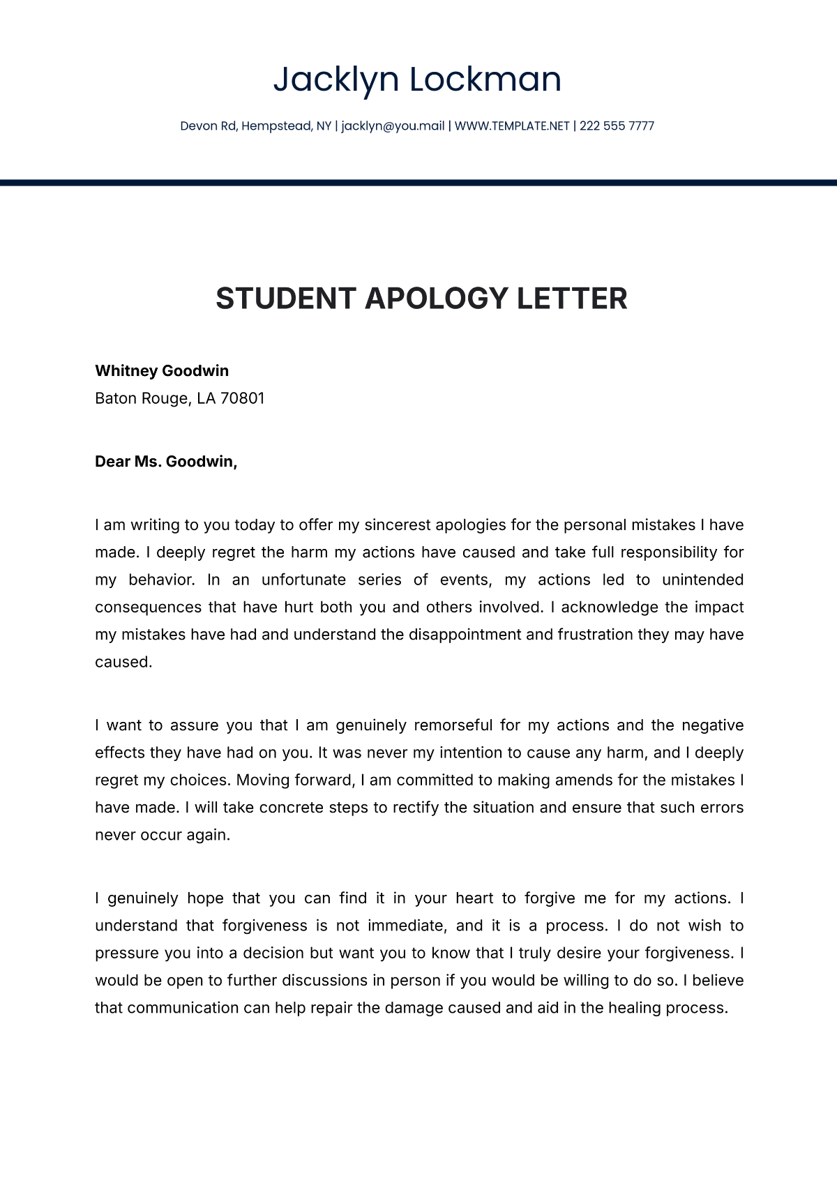 Student Apology Letter Template - Edit Online & Download