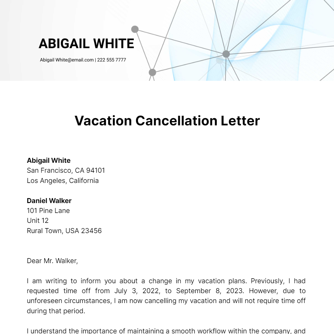 Vacation Cancellation Letter Template