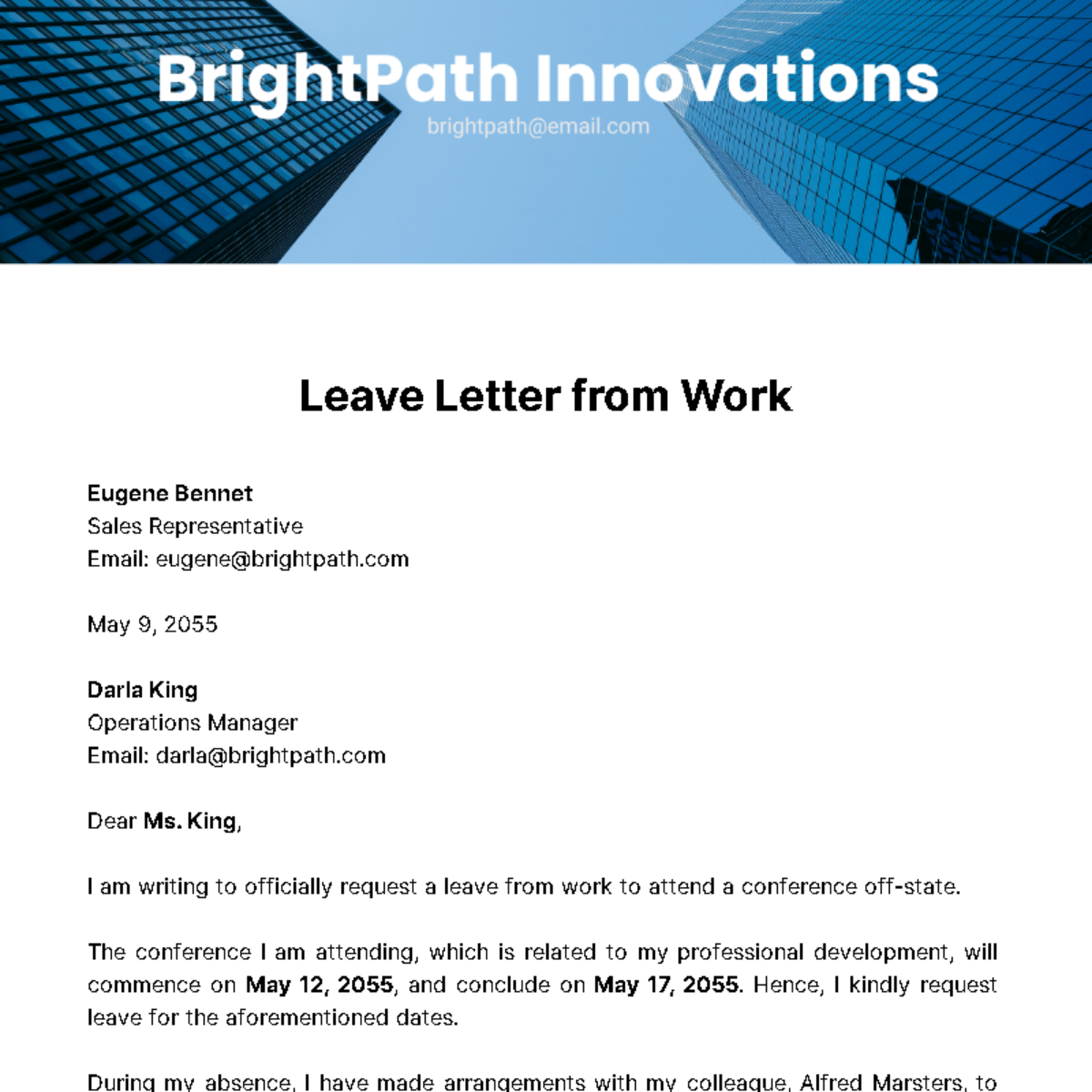 Leave Letter from Work Template