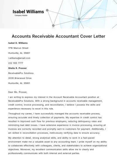 Free Accounts Receivable Accountant Cover Letter Template to Edit Online