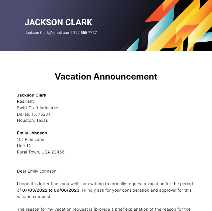 Vacation Announcement Letter Template