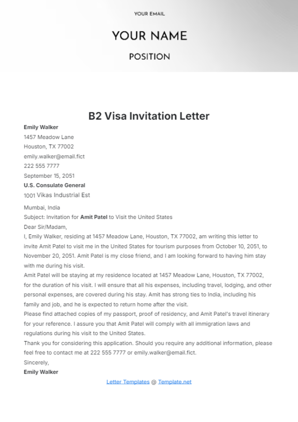 B2 Visa Invitation Letter Template