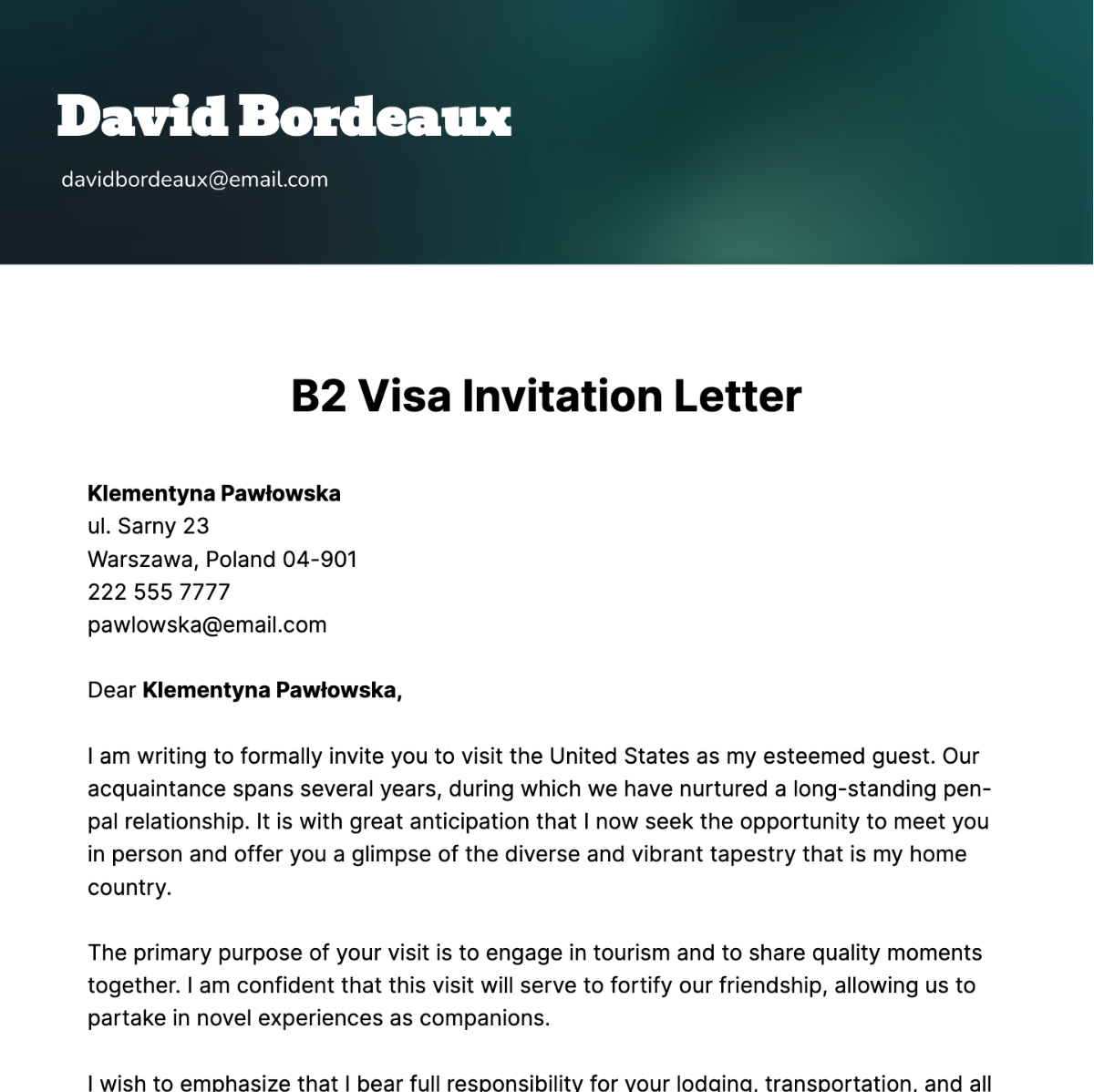 B2 Visa Invitation Letter Template