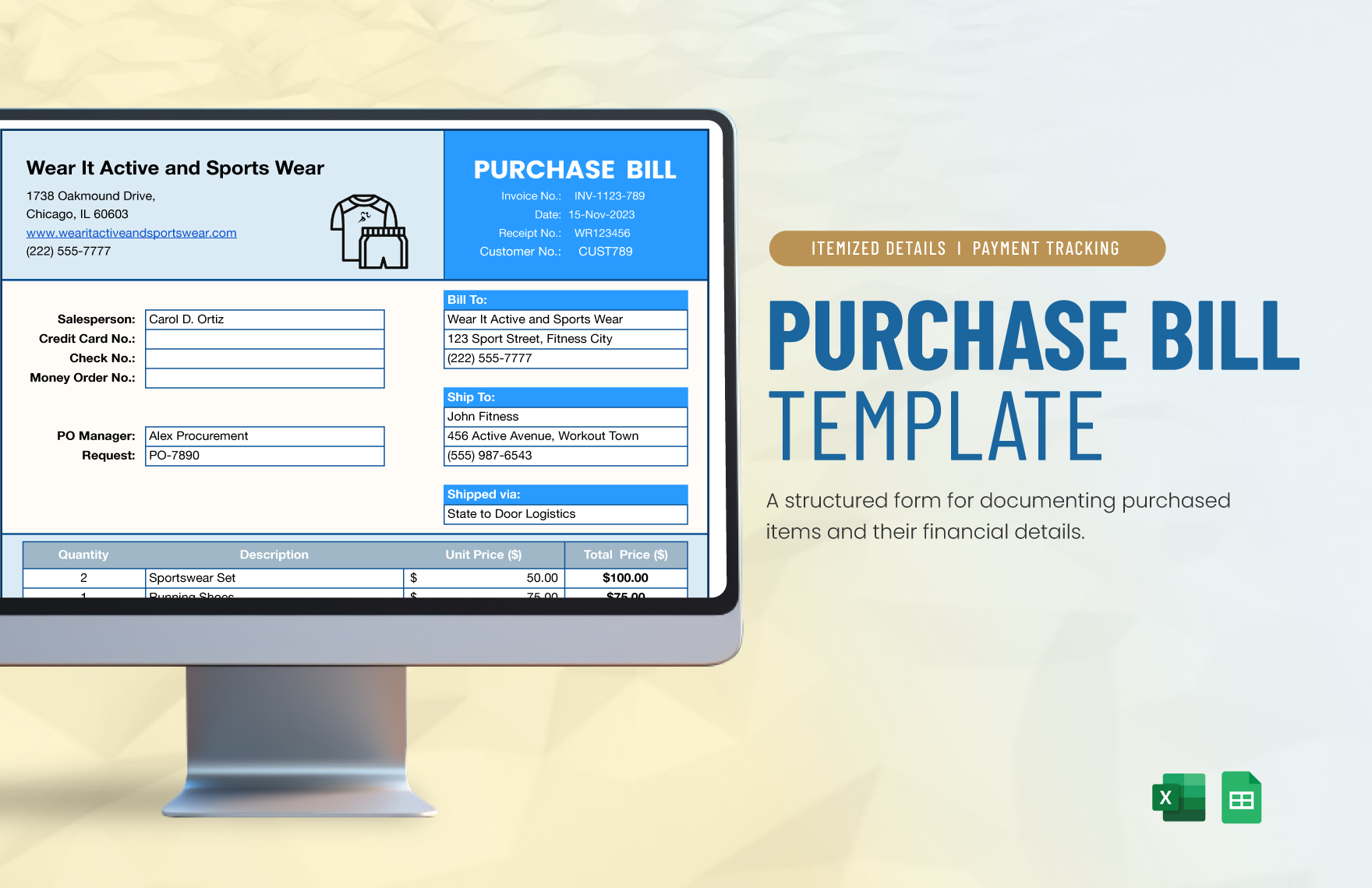 Purchase Bill Template in Excel, Google Sheets