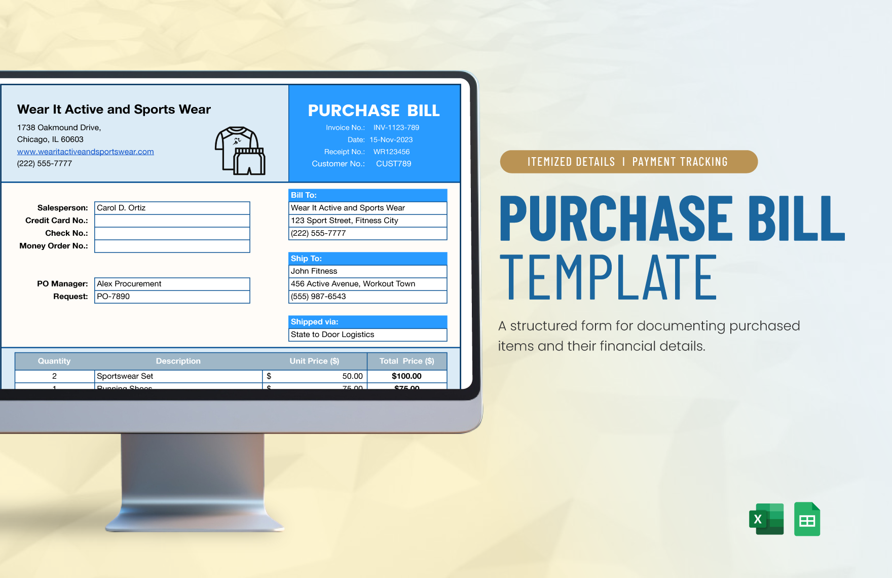 Purchase Bill Template in Excel, Google Sheets - Download | Template.net