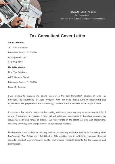Free Tax Consultant Cover Letter Template to Edit Online