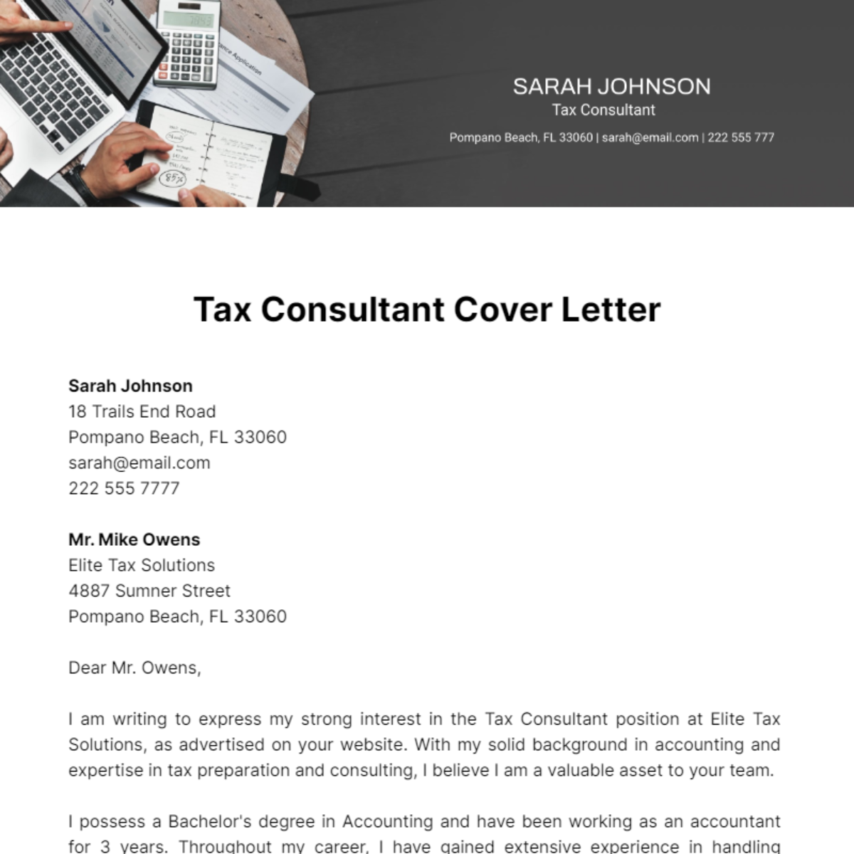 Tax Consultant Cover Letter Template