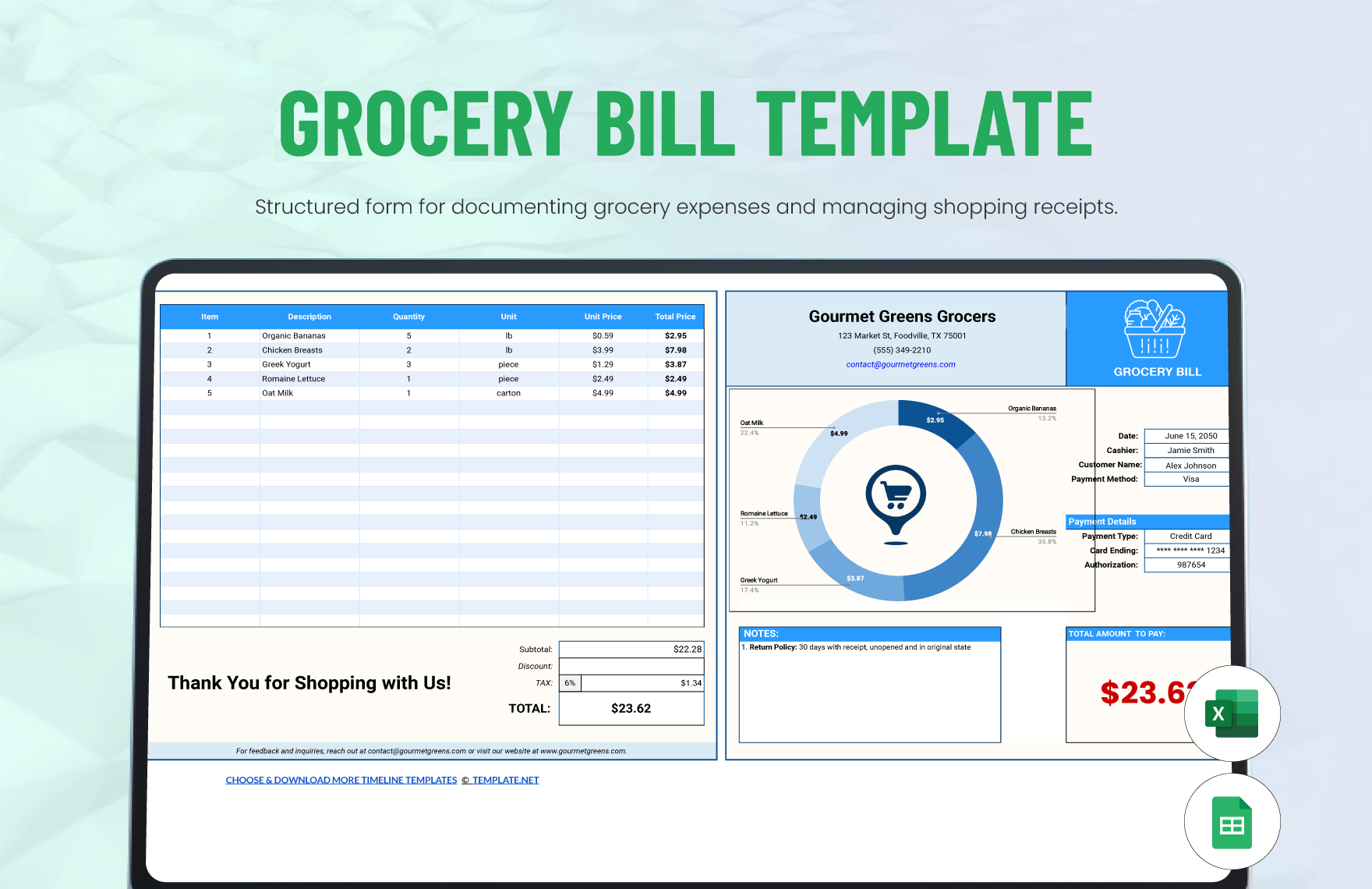 Free Grocery Bill Template in Excel, Google Sheets