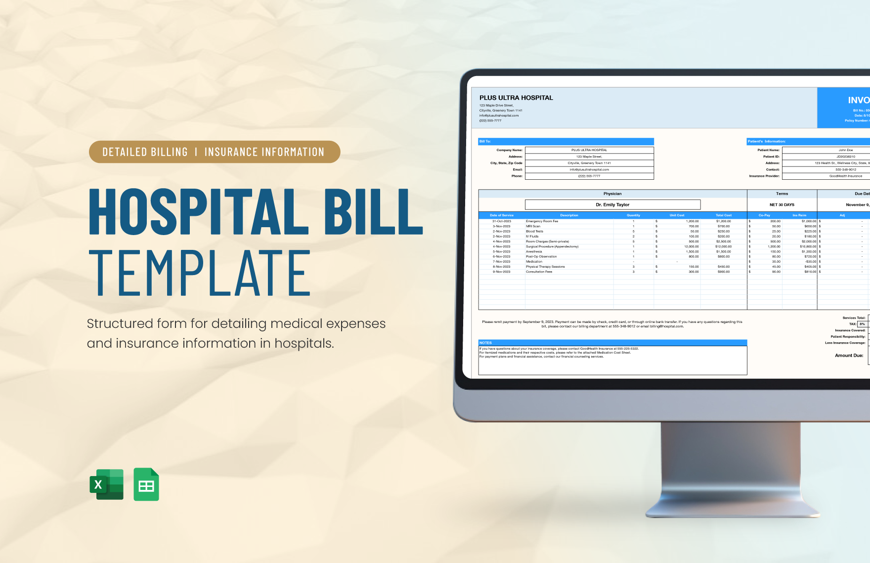 Hospital Bill Template in Excel, Google Sheets