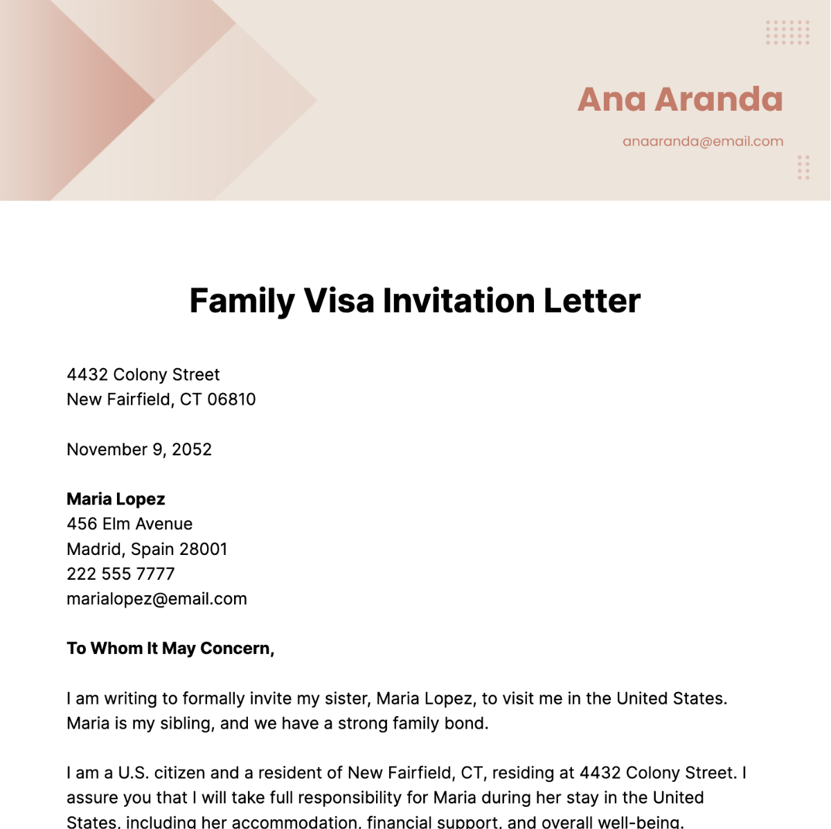 Family Visa Invitation Letter Template