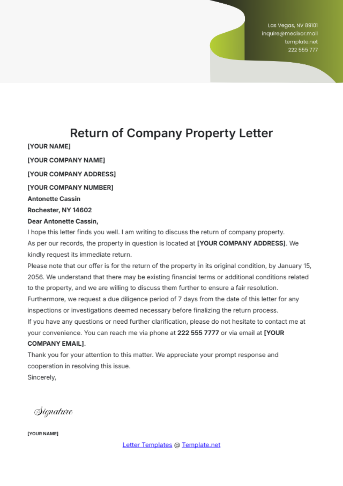 Return of Company Property Letter Template - Edit Online & Download