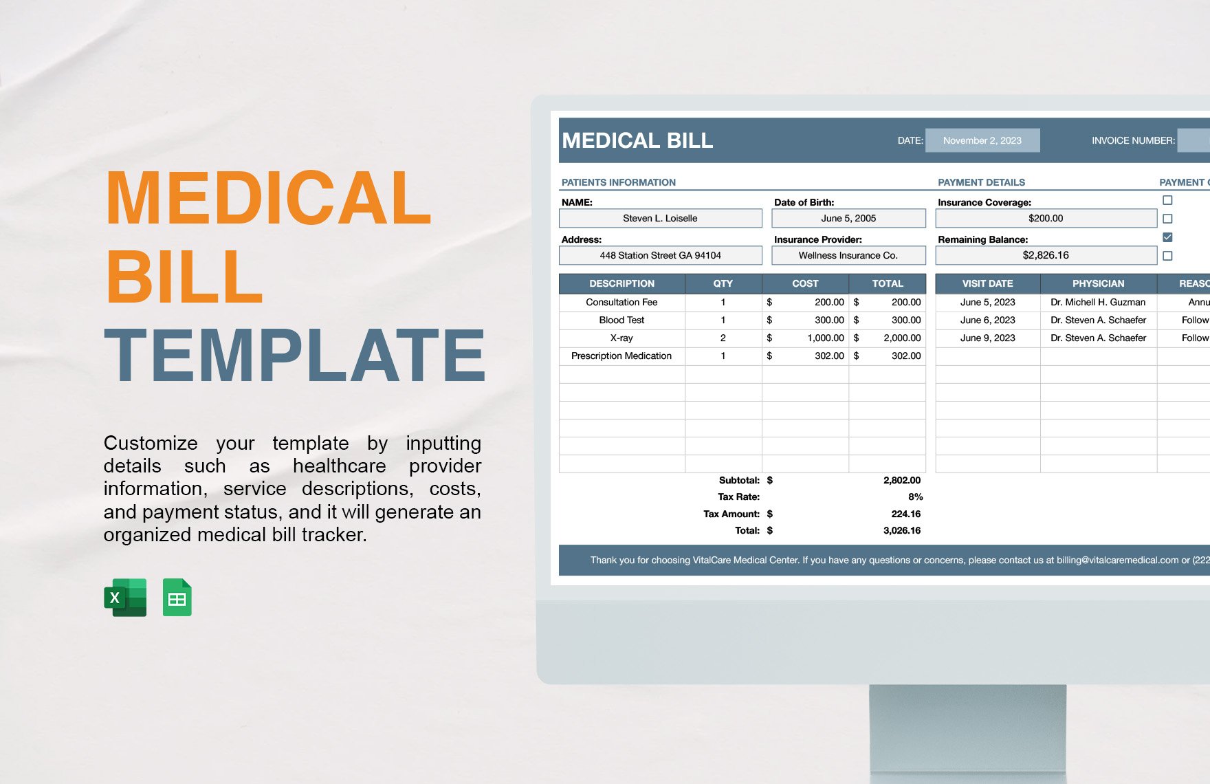 Medical Bill Template in Excel, Google Sheets