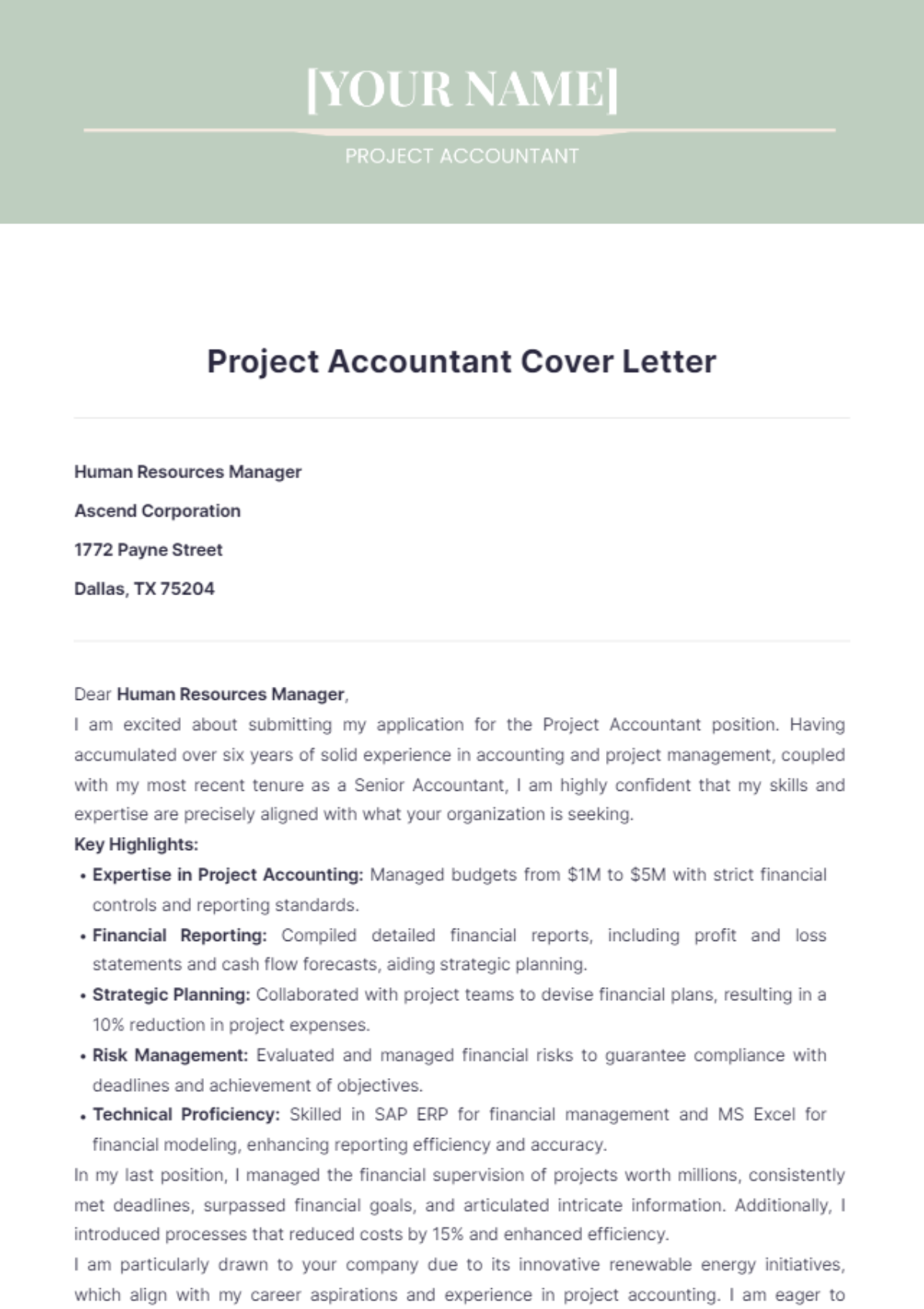 Project Accountant Cover Letter