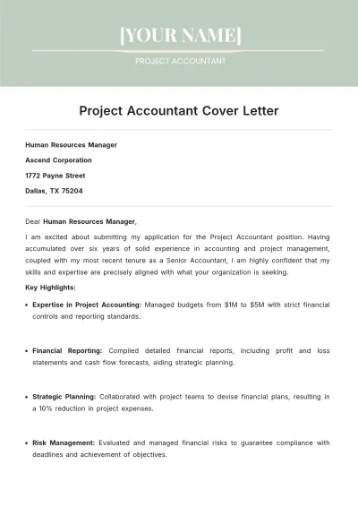 Free Project Accountant Cover Letter to Edit Online