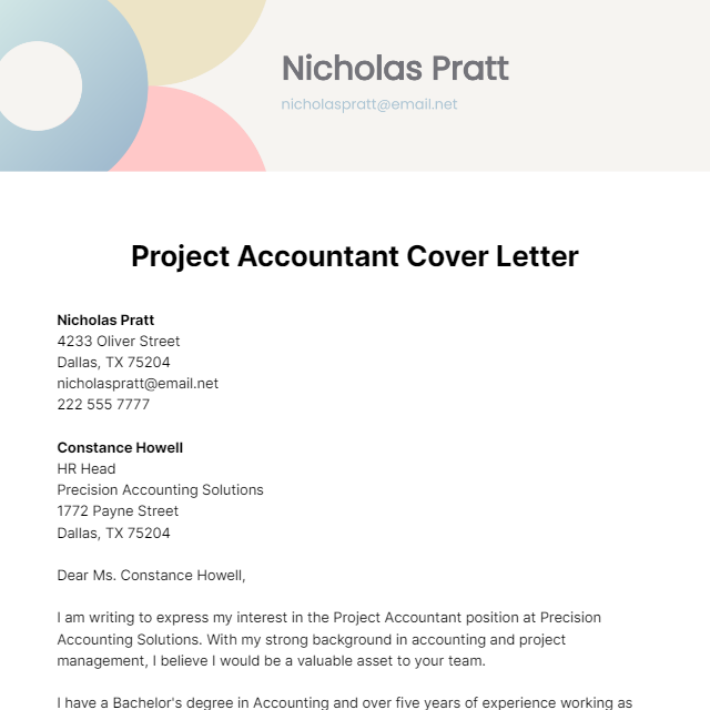 Project Accountant Cover Letter Template