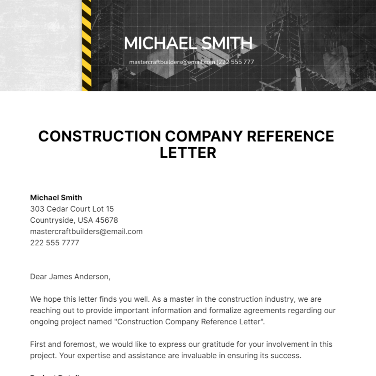 Construction Company Reference Letter Template