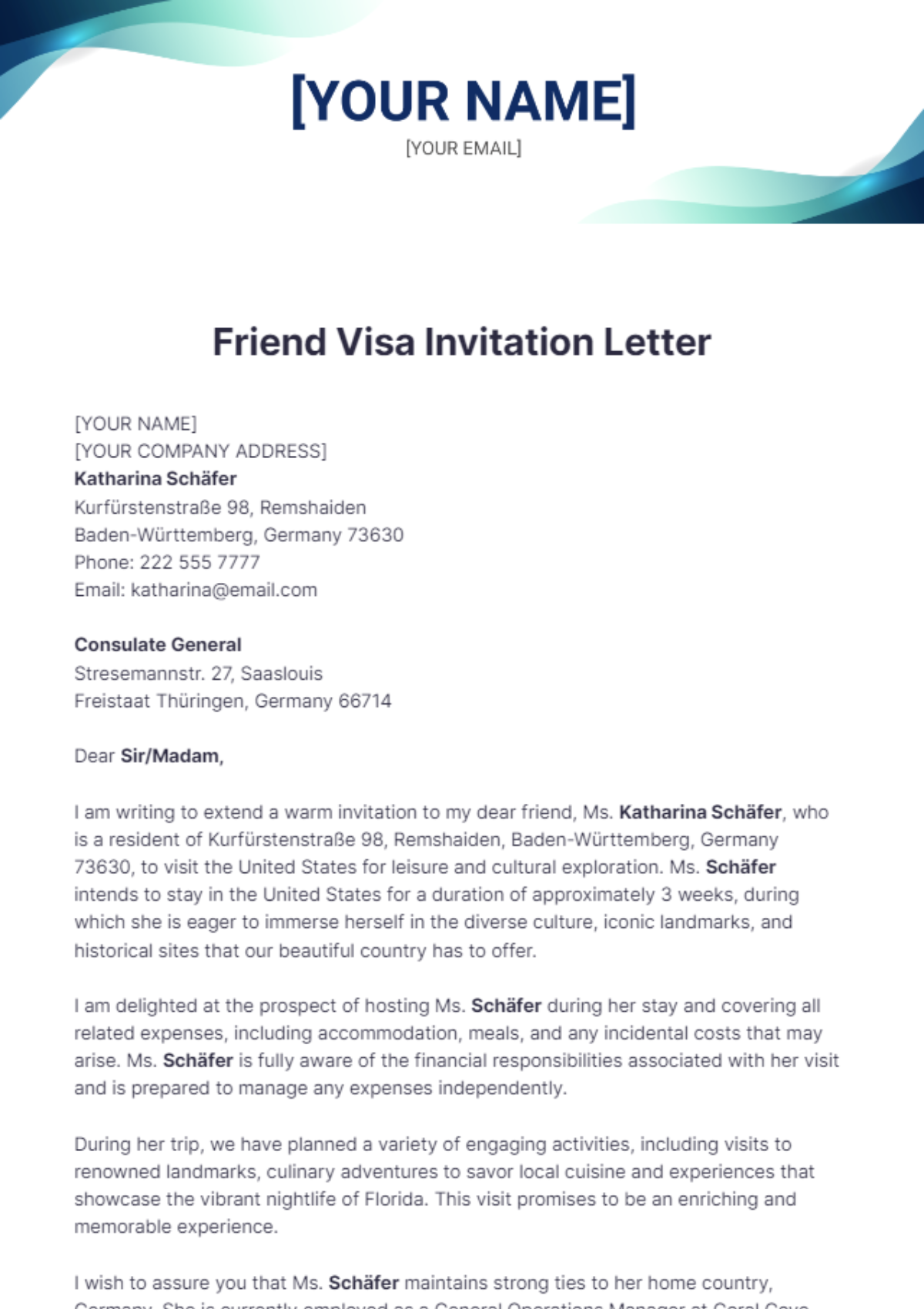 Friend Visa Invitation Letter Template