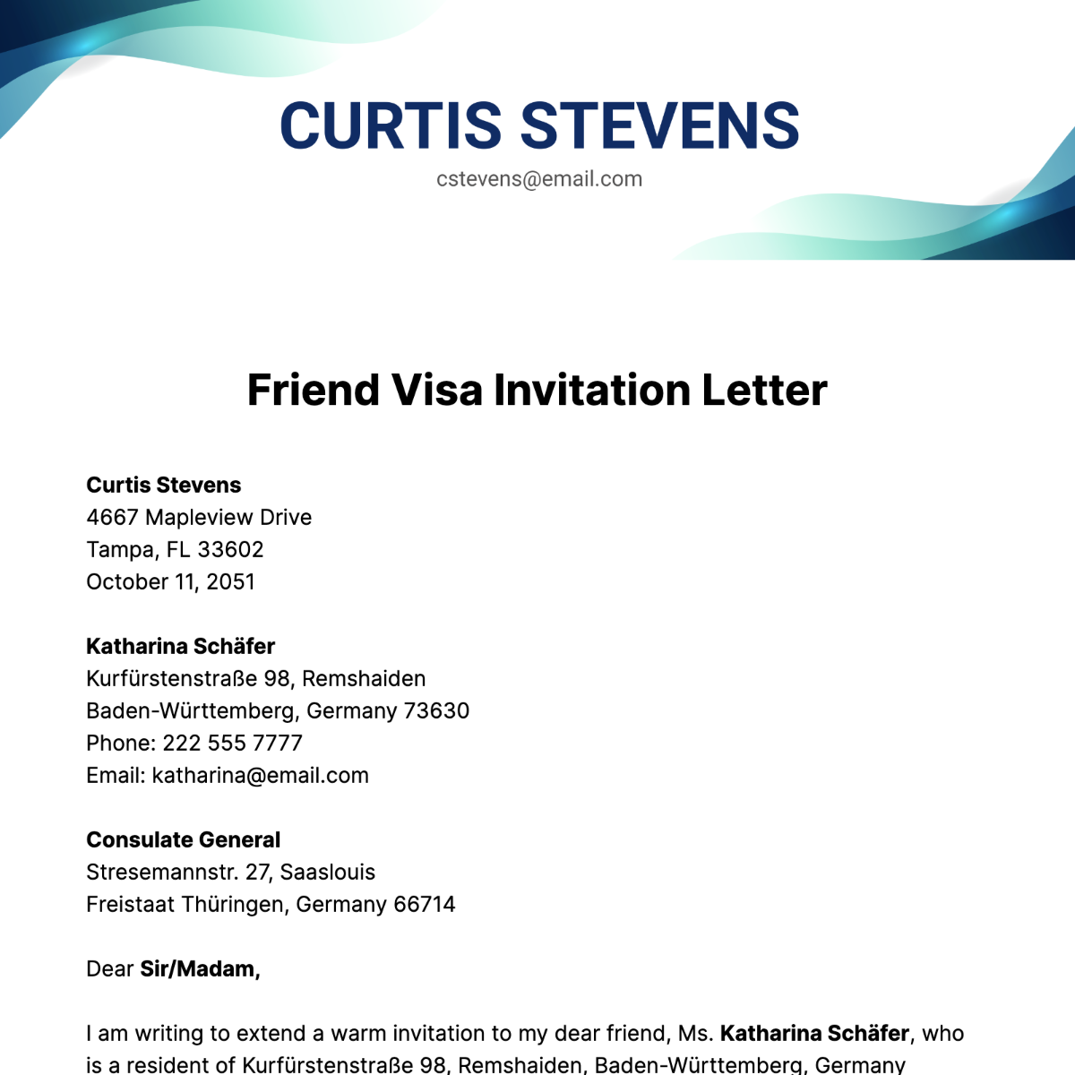 Friend Visa Invitation Letter Template