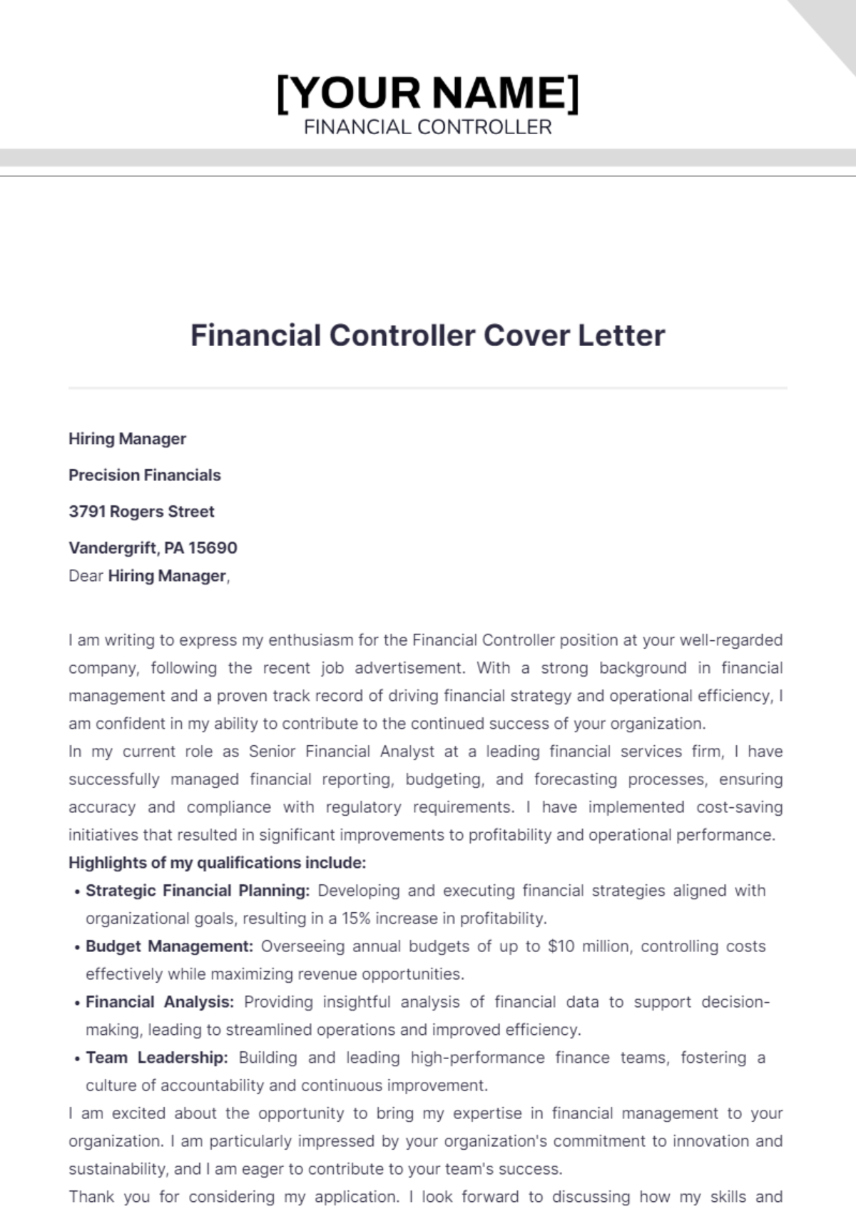 Financial Controller Cover Letter - Edit Online & Download