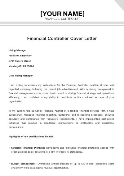 Free Financial Controller Cover Letter to Edit Online