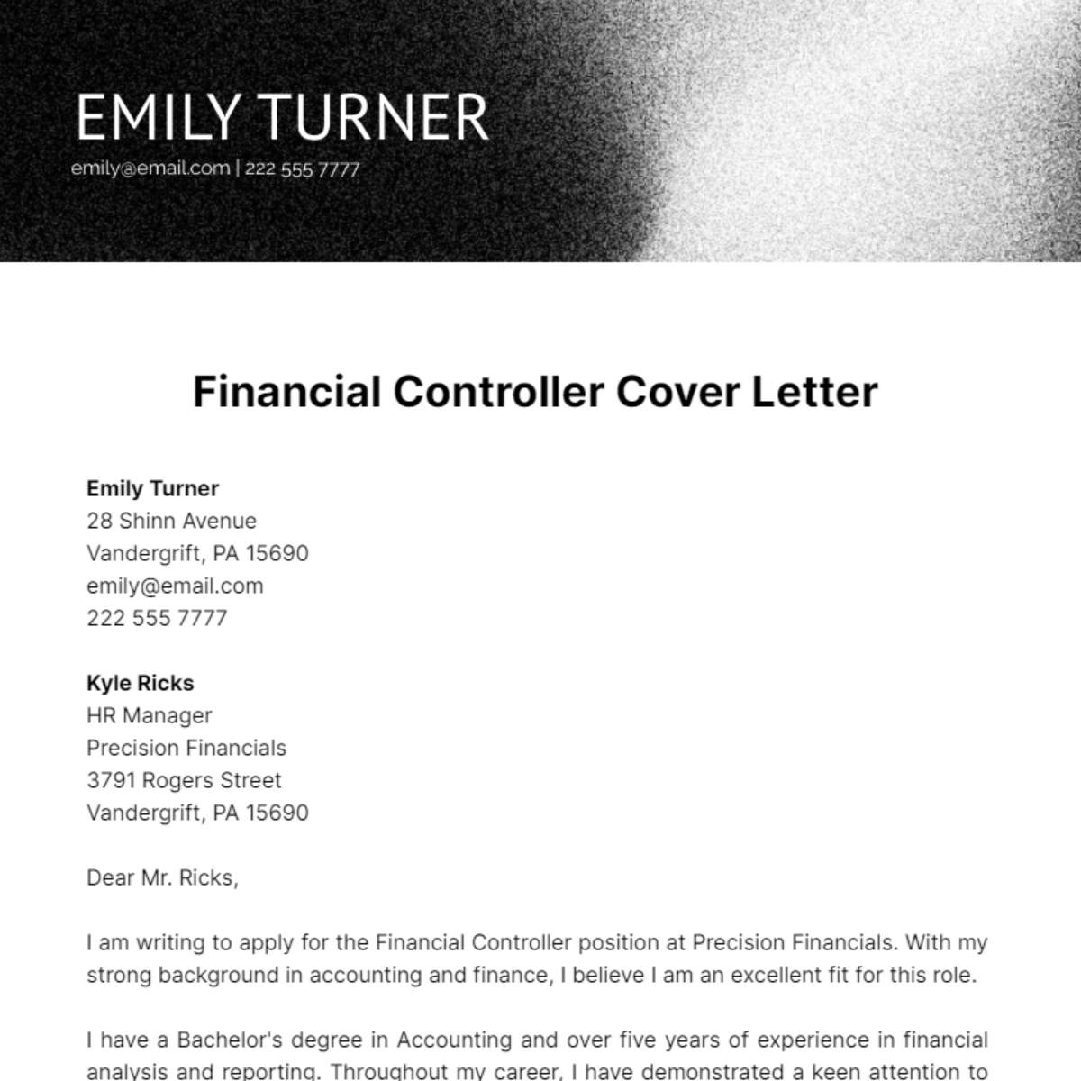 Financial Controller Cover Letter Template