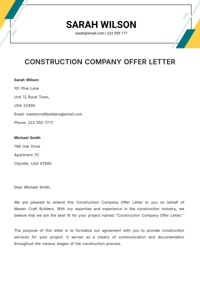 Free Construction Company Offer Letter Template to Edit Online