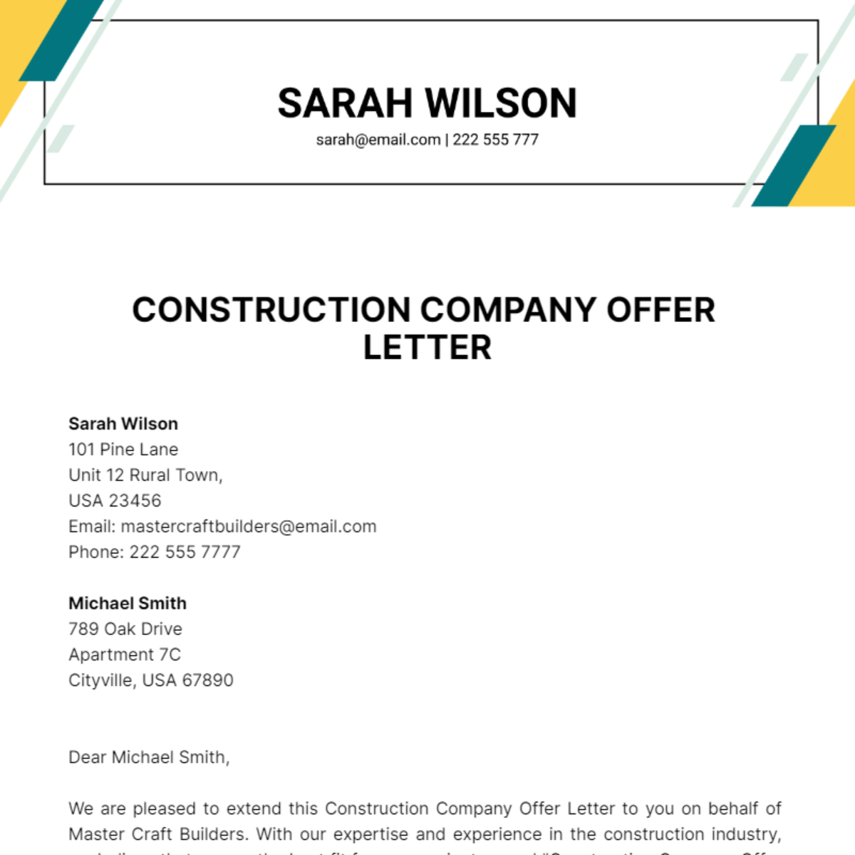Construction Company Offer Letter Template